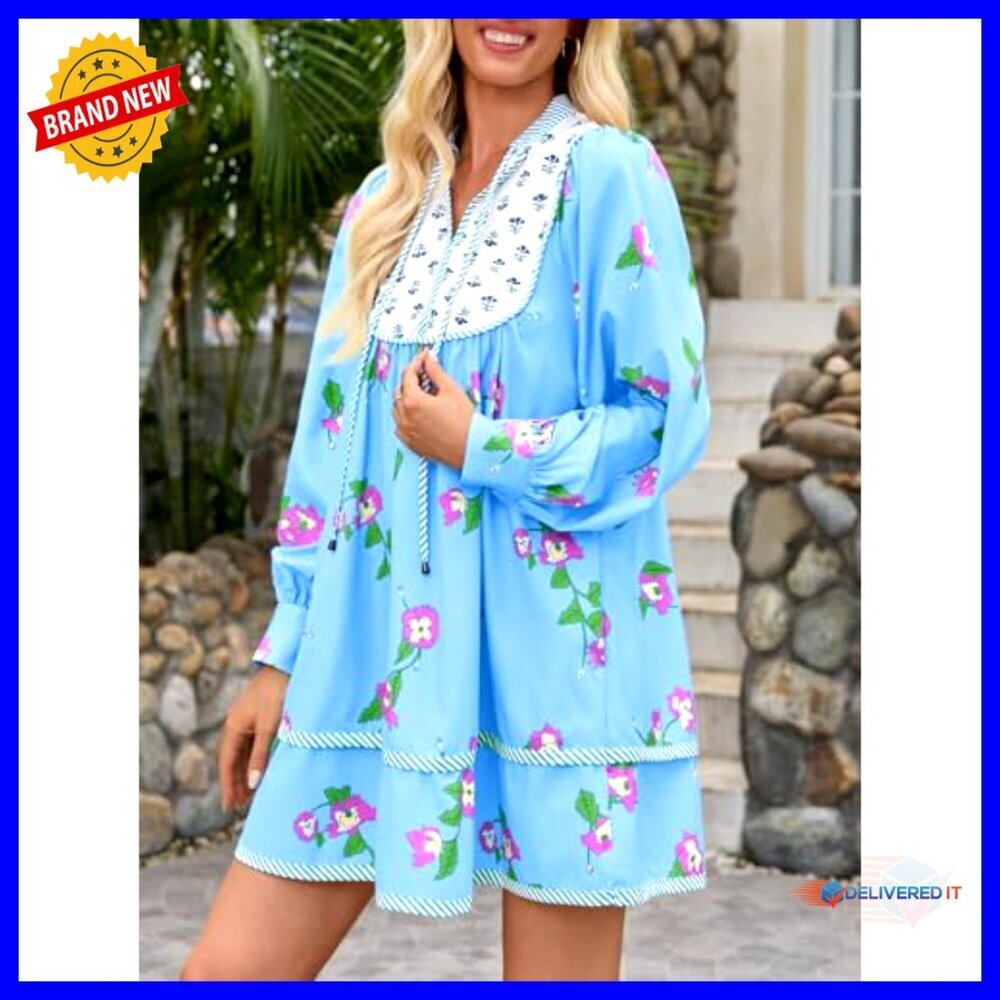 Long Sleeve V Neck Mini Dress Loose Boho Casual Floral Patchwork - Picture 2 of 7